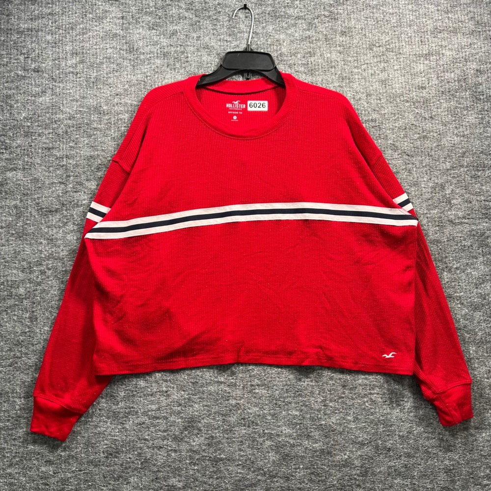 Hollister Red Waffle Knit Striped Boyfriend Tee Cropped Long Sleeve Shirt M